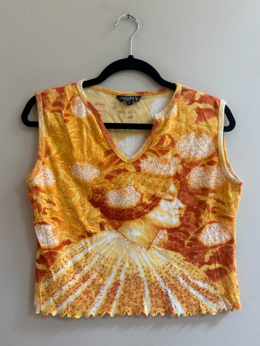 Chaudry Sports KC Vintage Cotton Art Nouveau Woman Beaded Figure Ruffle Rim Top